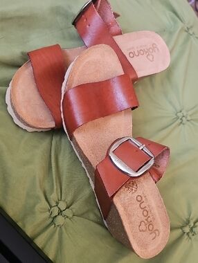 Yokono Brown Leather Buckle Slide Sandals
